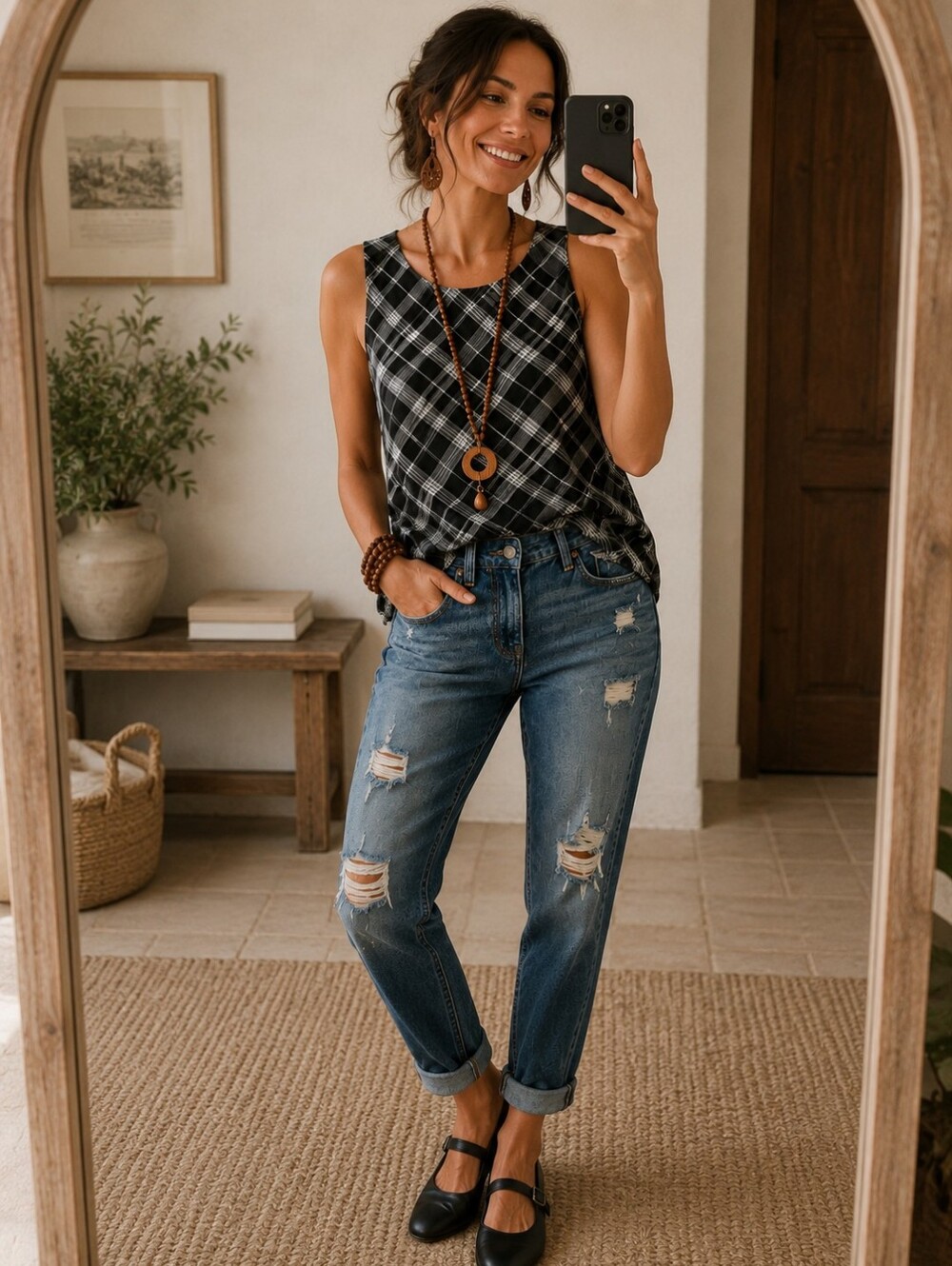 CHICO'S Black & White Plaid Boho Minalist Top